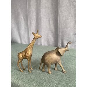 Mid-Century Brass Animal Statues - Good Luck Elephant and Spotted Giraffe Set